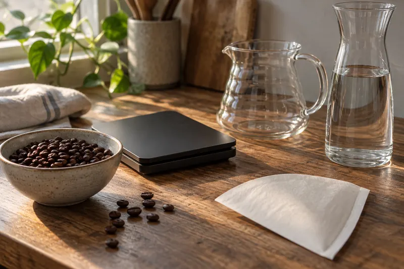 Coffee beans, a scale, a glass server and water carafe on a worktop