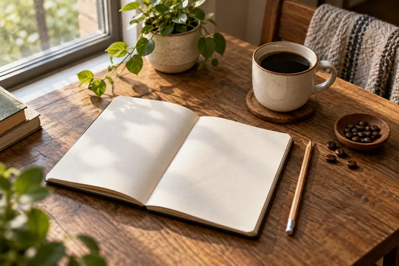 A notebook, pencil and coffee cup by a window