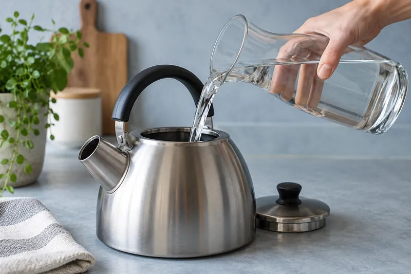 Water poured from a glass carafe into a kettle