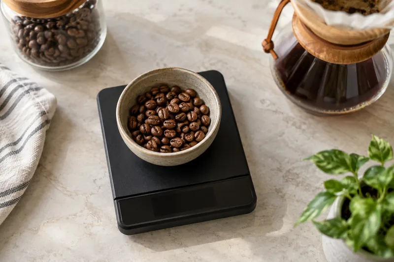 Coffee beans in a dosing bowl on a digital scale