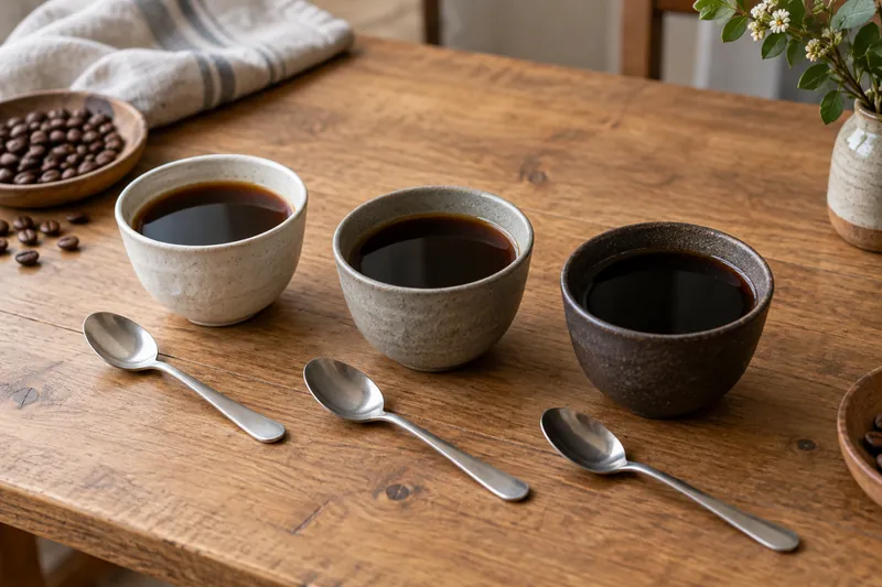 Three cups of black coffee with tasting spoons