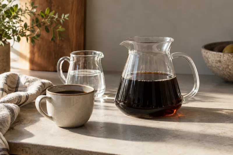 Brewed coffee and a separate water jug beside a cup