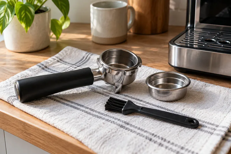 Espresso basket, portafilter and cleaning brush on a towel