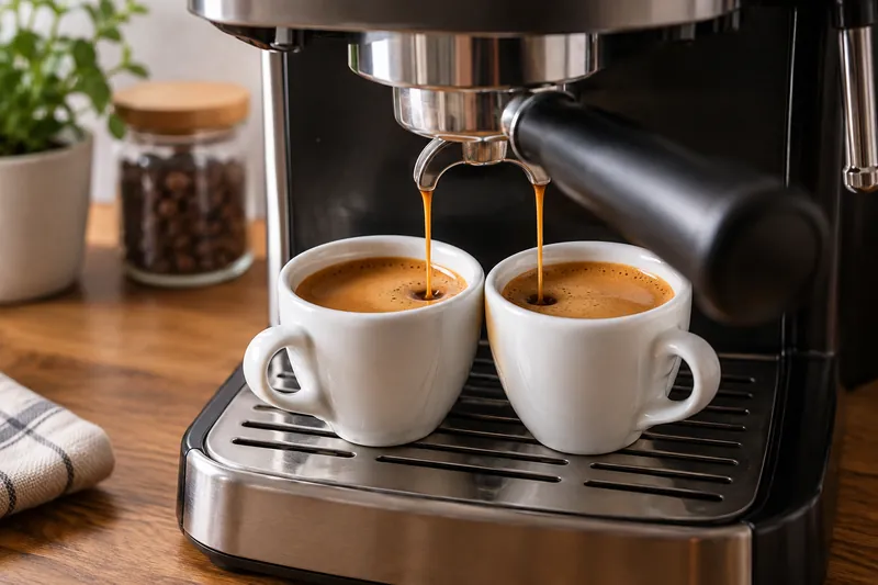 Two cups of espresso beneath a coffee machine