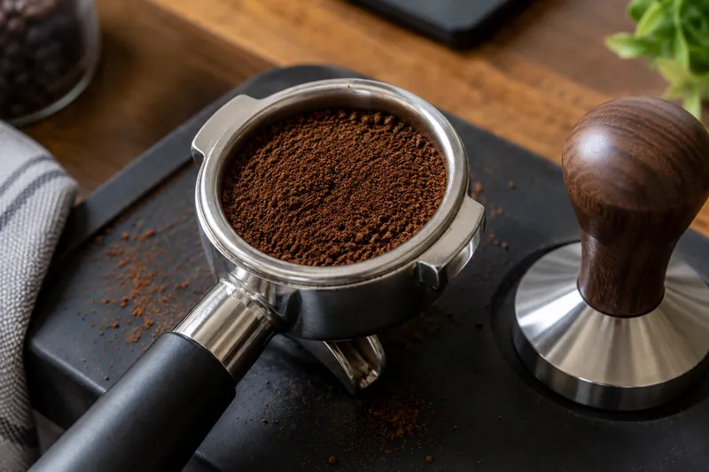 Ground coffee in a portafilter beside a tamper