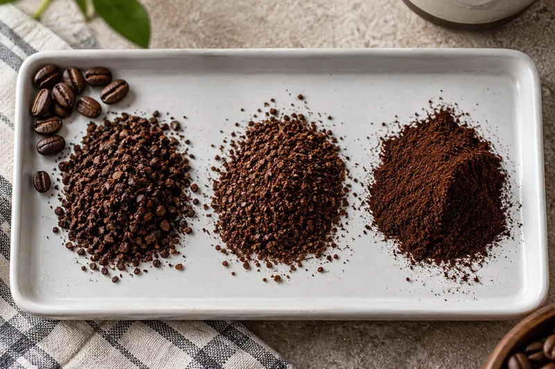 Three visibly different coffee grind sizes on a ceramic tray