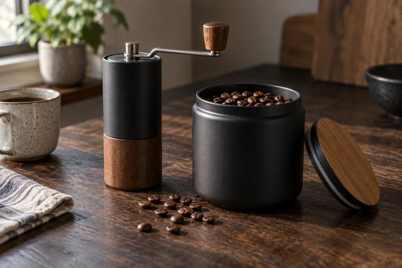 A hand grinder and airtight coffee canister beside coffee beans