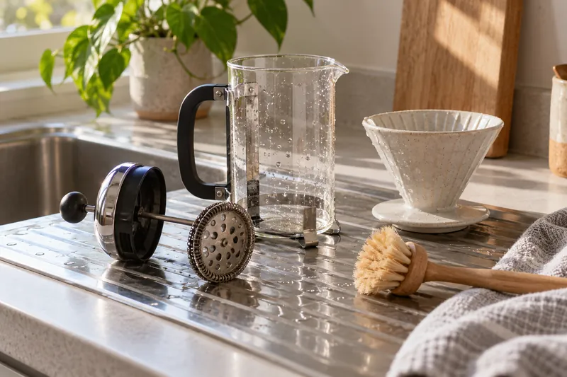 A disassembled French press beside a dripper and dish brush