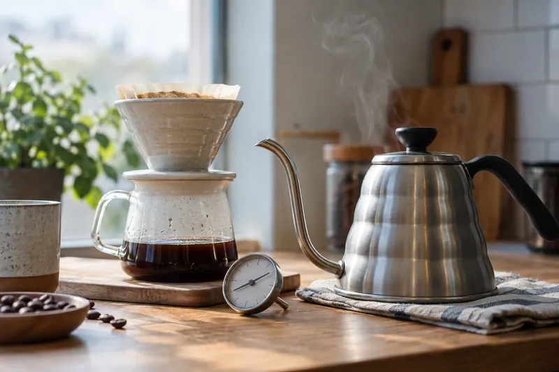 A steaming gooseneck kettle beside a coffee dripper