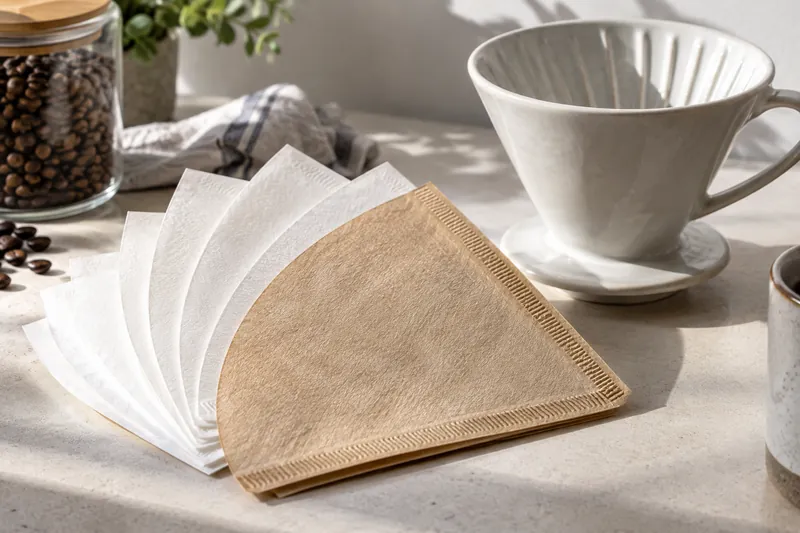 White and brown paper coffee filters beside a dripper