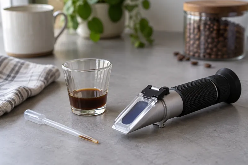 A coffee refractometer beside a sample glass and pipette