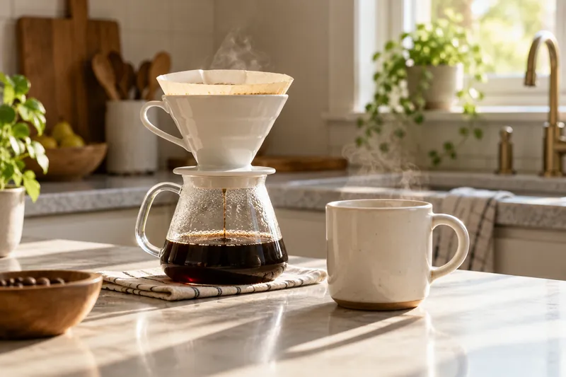 A ceramic dripper over a glass server beside a mug